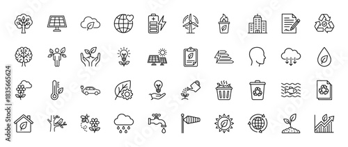 Ecology and sustainability line icon set. Vector pictograms of solar panels, wind turbine, recycling, and plant growth, thin outline illustration.