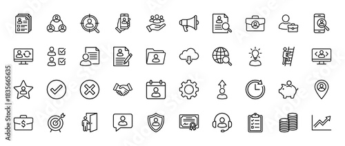 Human resources and business line icon set. Vector pictograms of job search, hiring, teamwork, and career development, thin outline illustration.