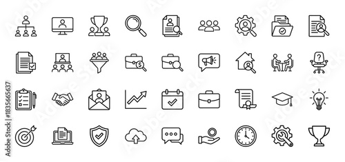 Recruitment and human resources line icon set. Vector pictograms of organization chart, job search, trophy, and calendar, thin outline illustration.