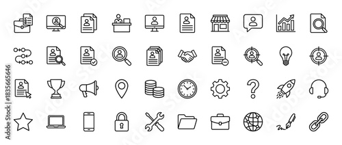 Human resources and business line icon set. Vector pictograms of job application, resume, interview, and finance, thin outline illustration.
