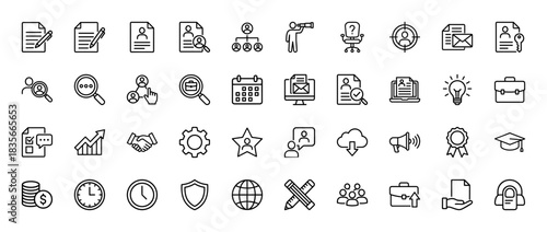 Recruitment and human resources line icon set. Vector pictograms of document, resume, interview, calendar, and job search, thin outline illustration.