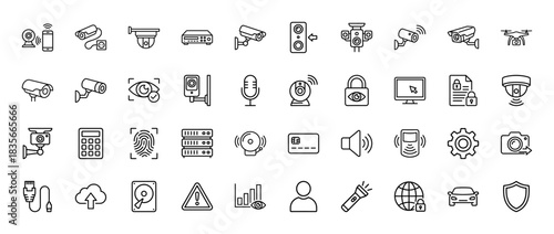 Security and surveillance line icon set. Vector pictograms of camera, lock, shield, drone, and scanner, thin outline illustration.