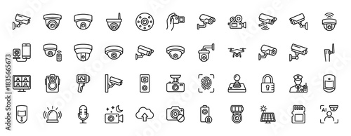 Security and surveillance line icon set. Vector pictograms of cctv cameras, motion sensor, drone, and fingerprint scanner, thin outline illustration.