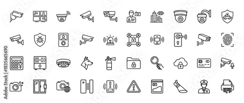 Security and surveillance line icon set. Vector pictograms of cctv cameras, fingerprint, alarm, and shield, thin outline illustration.