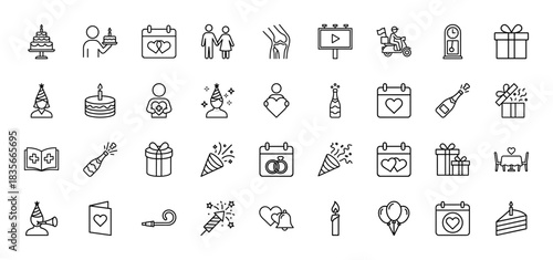Celebration and event line icon set. Vector pictograms of birthday cake, gifts, calendar, champagne, and party items, thin outline illustration.