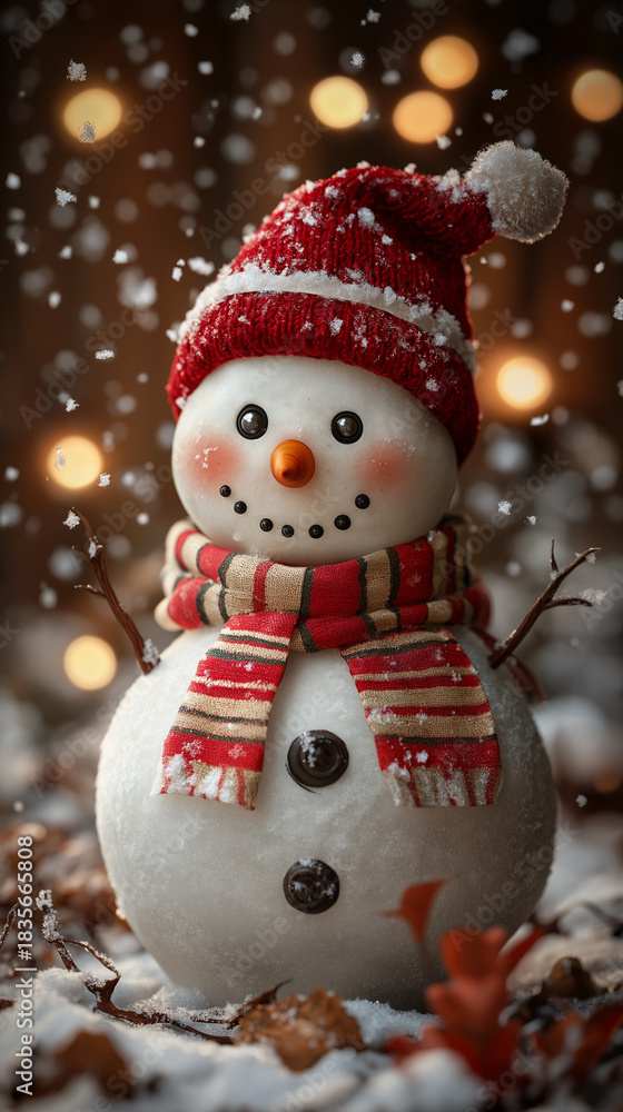 Obraz premium Snowman in Red Hat and Scarf with Christmas Lights