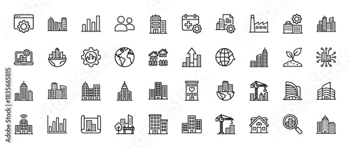 Urban development and smart city line icon set. Vector pictograms of buildings, construction, technology, and analytics, thin outline illustration.