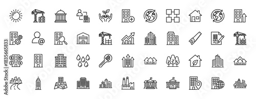 Real estate and construction line icon set. Vector pictograms of buildings, city, crane, housing, and growth, thin outline illustration.