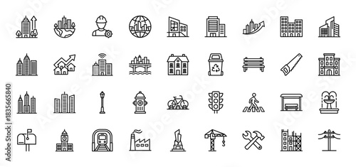 Urban city and construction line icon set. Vector pictograms of buildings, tools, infrastructure, and transport, thin outline illustration.