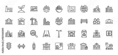 Urban planning and infrastructure line icon set. Vector pictograms of buildings, city elements, construction, and environment, thin outline illustration.