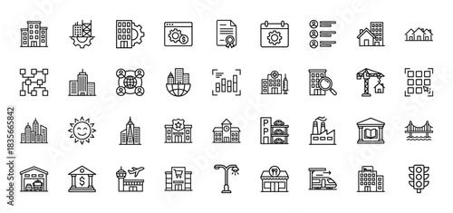 City and urban infrastructure line icon set. Vector pictograms of buildings, real estate, transportation, and public services, thin outline illustration.