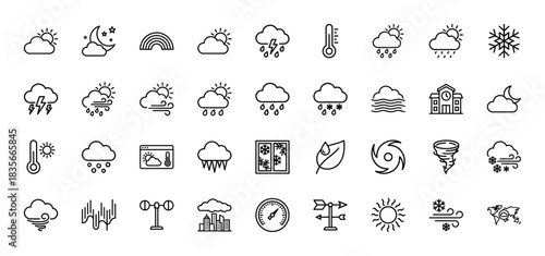 Weather and climate line icon set. Vector pictograms of sun, rain, snow, wind, clouds, and temperature, thin outline illustration.