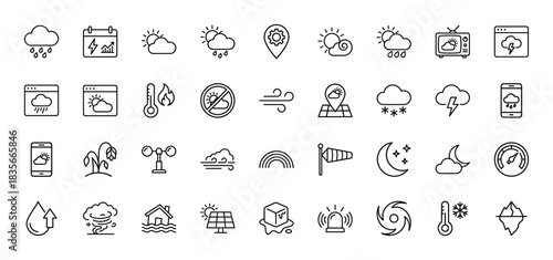Weather and climate line icon set. Vector pictograms of rain, sun, wind, snow, thermometer, and tornado, thin outline illustration.