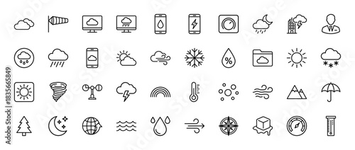 Weather forecasting line icon set. Vector pictograms of sun, clouds, rain, snow, wind, and lightning, thin outline illustration.