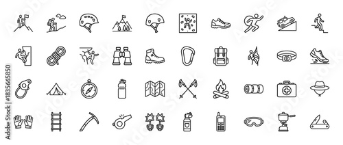 Climbing and hiking line icon set. Vector pictograms of helmet, backpack, boots, compass, tent, and map, thin outline illustration.