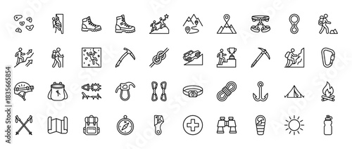 Climbing and hiking line icon set. Vector pictograms of boots, backpack, harness, compass, and ice axe, thin outline illustration.