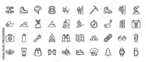 Outdoor adventure and climbing icon set. Vector pictograms of backpack, boot, compass, tent, and map, thin line outline illustration.
