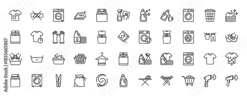 Laundry line icon set. Vector pictograms of washing machine, iron, clothes basket, detergent, and drying rack, thin outline illustration.