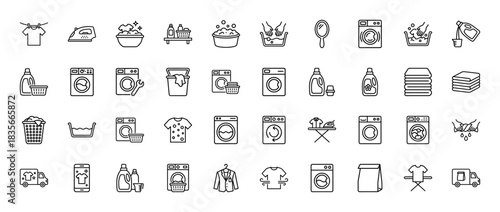 Laundry line icon set. Vector pictograms of washing machine, iron, detergent, clothes, and basket, thin outline illustration.