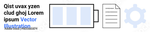 Renewable energy, data management, productivity, workflow optimization, document processing, automation. Battery icon, document page gear shape. Renewable energy and data management concepts
