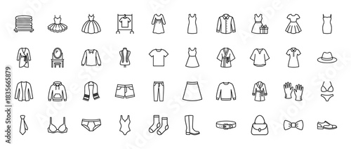 Apparel and accessories line icon set. Vector pictograms of dresses, shirts, underwear, shoes, and hats, thin outline illustration.