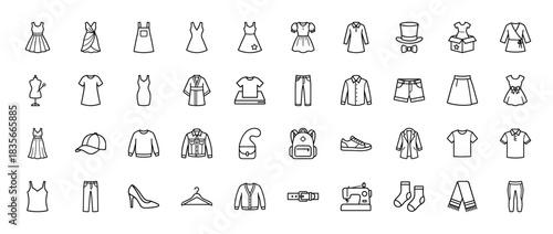 Fashion and clothing line icon set. vector pictograms of dresses, shirts, pants, skirts, shoes, and accessories, thin outline illustration.