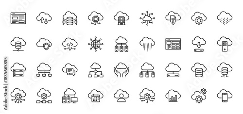 Cloud computing line icon set. Vector pictograms of database, server, network, security, and hosting, thin outline illustration.