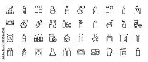 Beverage and packaging line icon set. Vector pictograms of bottles, perfume, jars, and containers, thin outline illustration.