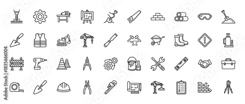 Construction and engineering line icon set. Vector pictograms of tools, blueprints, crane, and worker gear, thin outline illustration.