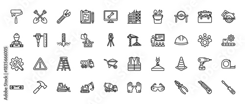 Construction and engineering line icon set. Vector pictograms of tools, safety gear, vehicles, and workers, thin outline illustration.