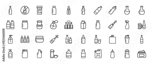 Packaging and beverage line icon set. Vector pictograms of bottles, jars, flasks, perfume, and sprayers, thin outline illustration.