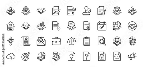 Business and agreement line icon set. vector pictograms of handshake, document, legal scales, and calendar, thin outline illustration.