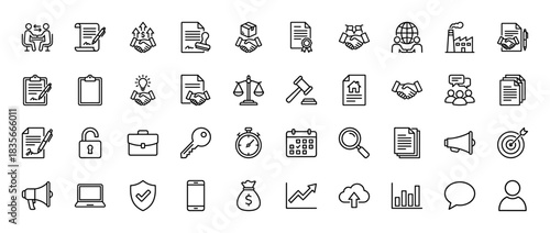 Business and legal services line icon set. Vector pictograms of document, handshake, scale, briefcase, and calendar, thin outline illustration.
