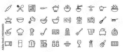 Cooking and kitchen utensil line icon set. Vector pictograms of pots, pans, appliances, and tools, thin outline illustration.