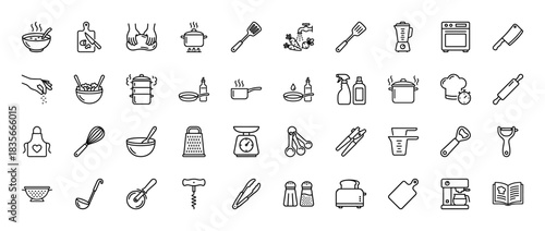 Cooking and kitchen utensil line icon set. Vector pictograms of bowl, cutting board, pot, spatula, oven, whisk, and blender, thin outline illustration.