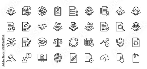 Legal and business line icon set. Vector pictograms of handshake, contract, document, and partnership, thin outline illustration.