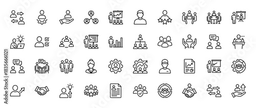 Human resources line icon set. Vector pictograms of teamwork, partnership, meeting, training, management, and employee selection, thin outline illustration.
