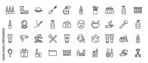 Beauty and cosmetics line icon set. Vector pictograms of lipstick, mascara, perfume, cream, and makeup brushes, thin outline illustration.
