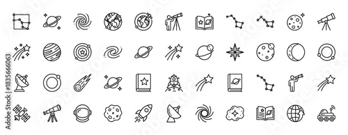 Astronomy and space line icon set. Vector pictograms of planets, galaxies, telescopes, and constellations, thin outline illustration.