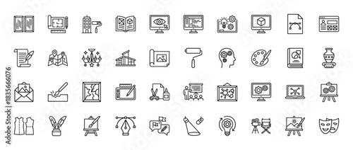 Creative arts and design line icon set. Vector pictograms of architecture, tools, media, and digital software, thin outline illustration.