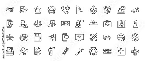Emergency services and rescue line icon set. Vector pictograms of helicopter, fire extinguisher, ambulance, and safety vest, thin outline illustration.