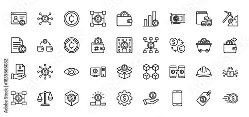 Cryptocurrency line icon set. Vector pictograms of blockchain, wallet, mining, token, and ledger, thin outline illustration.