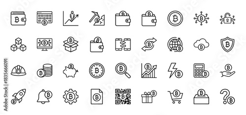 Cryptocurrency line icon set. Vector pictograms of wallet, mining, transaction, security, and investment, thin outline illustration.