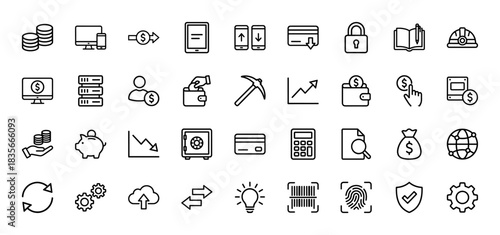 Finance and business line icon set. Vector pictograms of coin stacks, piggy bank, credit card, calculator, and data server, thin outline illustration.