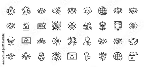 Cybersecurity line icon set. vector pictograms of padlock, shield, key, robot, and fingerprint, thin outline illustration.