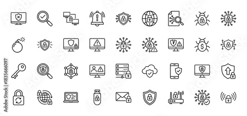 Cyber security line icon set. Vector pictograms of protection, shield, lock, server, network, and data, thin outline illustration.