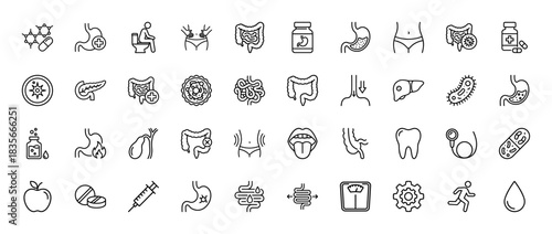 Gastroenterology and digestive health line icon set. Vector pictograms of stomach, intestine, pills, liver, and tooth, thin outline illustration.