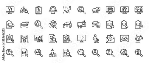 Medical and automotive diagnostics line icon set. Vector pictograms of lungs, clipboard, car repair, and ultrasound, thin outline illustration.