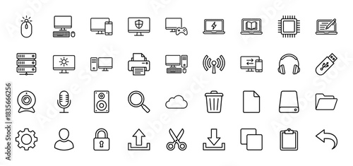 Technology and computer device line icon set. Vector pictograms of monitor, laptop, server, mouse, and peripheral elements, thin outline illustration.