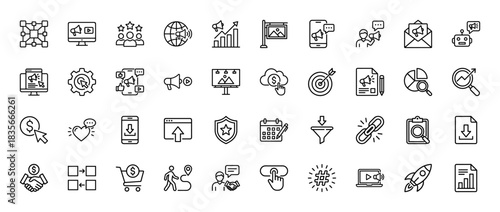 Digital marketing line icon set. Vector pictograms of social media, seo, advertising, and analytics, thin outline illustration.